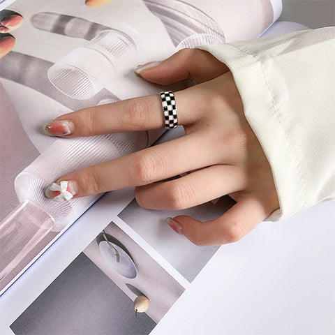 Black And White Checkerboard Design Middle Finger Wide Face Ring