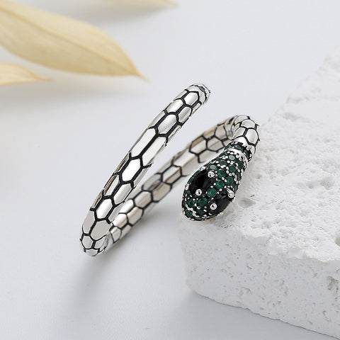 S925 Sterling Silver Emerald Zircon Snakes Fashion Ring
