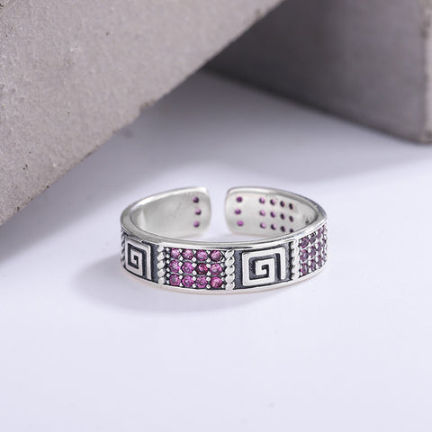 Diamond Inlaid Retro Old Cool Wind Ring Women's Sterling Silver 925