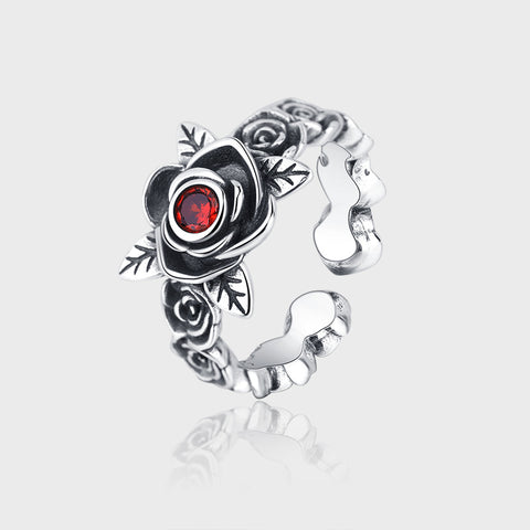 S925 Sterling Silver Red Zirconium Rose Thorn Chain Ring