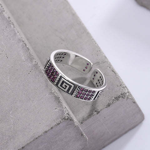 Diamond Inlaid Retro Old Cool Wind Ring Women's Sterling Silver 925