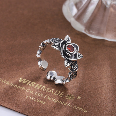 S925 Sterling Silver Red Zirconium Rose Thorn Chain Ring