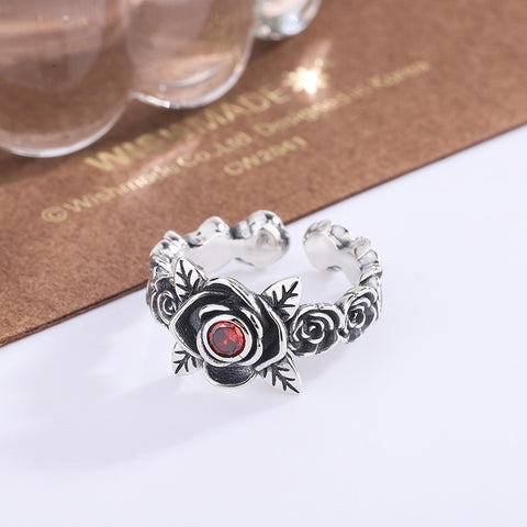 S925 Sterling Silver Red Zirconium Rose Thorn Chain Ring