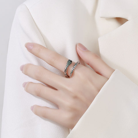 S925 Sterling Silver Emerald Zircon Snakes Fashion Ring