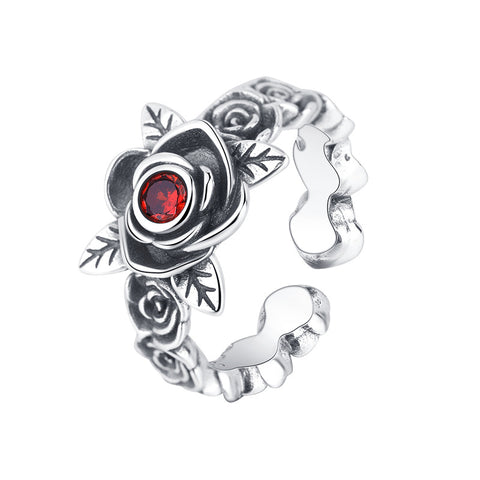 S925 Sterling Silver Red Zirconium Rose Thorn Chain Ring