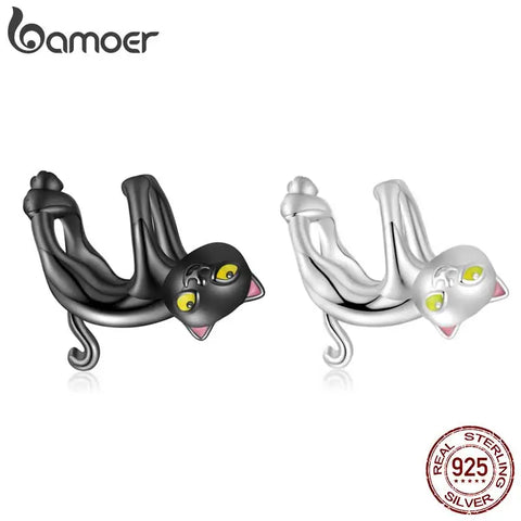 Bamoer 925 Sterling Silver Cartoon Black and White Cat Bead Fit Orignal Bracelet & Bangle Pet Pendant Fine Jewelry DIY Making