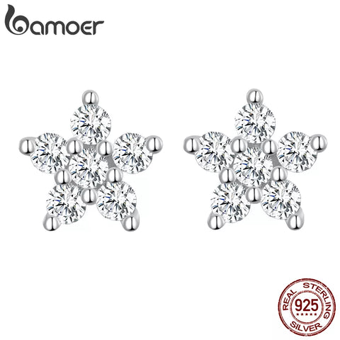 BAMOER 925 Sterling Silver  Five-pointed Star Stud Earrings for Women Shining Mini Flowers Earring Fine Jewelry Party Gift