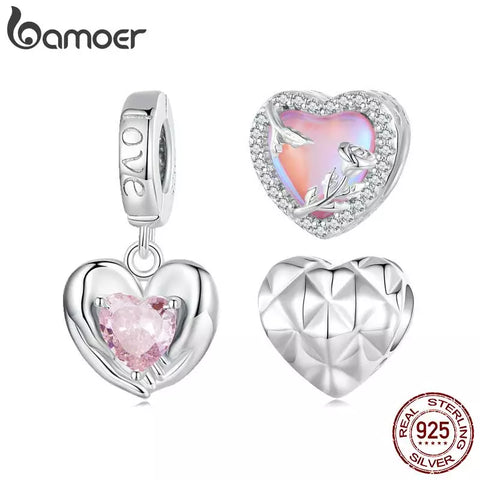 Bamoer 925 Sterling Silver Pink Guardian Heart Hanging Bead Hollow Rose Rivet Love Charms for Women Bracelet and Necklace DIY