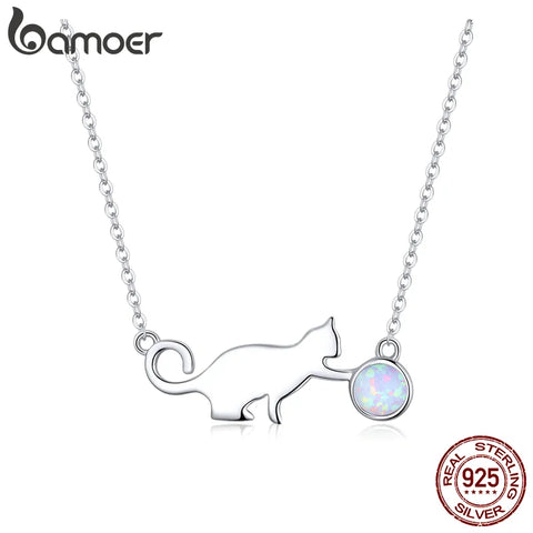 Bamoer 925 Sterling Silver Cute Cat Playing Ball Pendant Necklace Opal Link Chain for Women Girls Gift Jewelry 17.71'' SCN395
