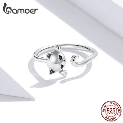 bamoer Cute Cat 925 Sterling Silver Simple Rings for Women Adjustable Ring Fashion Jewelry SCR707