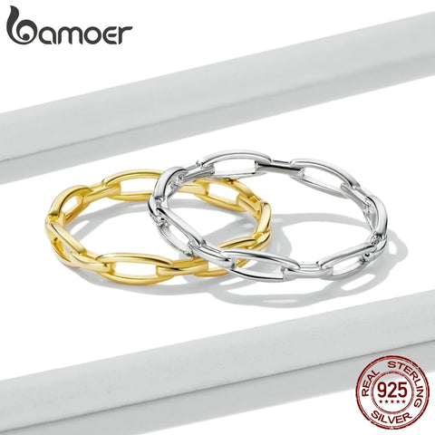 bamoer 925 Sterling Silver Bohemian Style Geometric Chain Ring for Women Simple Design Ring Statement Jewelry Party Gift