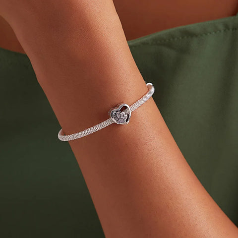 BAMOER 925 Sterling Silver Heart-shape Collection Charms Cat Love Paw Footprints Charms fit for Charm Bracelet Fine Jewelry