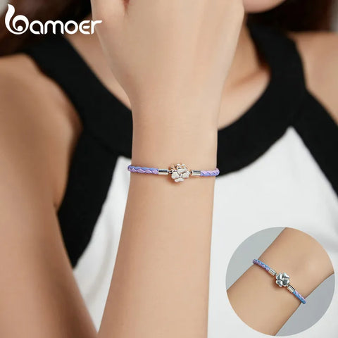bamoer 925 Sterling Silver Four Leaf Clover Lucky Bracelet Three Color Real Leather Bracelet Women DIY Fine Jewelry