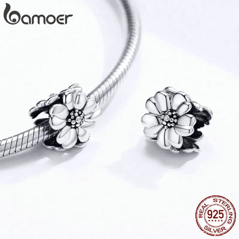 bamoer Genuine 925 Sterling Silver Metal Flower Beads Charm for Women Origianl Bracelet Bangle Silver Fine Jewelry SCC1486