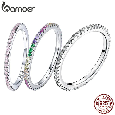 BAMOER Classic 925 Sterling Silver High Quality Circle Clear CZ Geometric Stackable Rings for Women Wedding Jewelry Gift SCR066