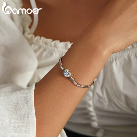 bamoer Heart-Shaped Charm & Beads Bracelet 925 Sterling Silver Snake Chain Basic Bracelet For Women Moonstone Jewelry 17CM 19CM