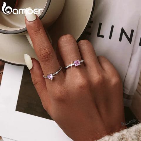 bamoer Real 925 Sterling Silver Pink Love CZ Ring For Fashion Women Cute Fine Jewelry Wedding Accessories Gift BSR157