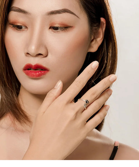 Bamoer 925 Sterling Silver Black Dog Paw Open Ring Zircon Cute Footprint Adjustable Finger Ring for Women Fine Jewelry SCR605