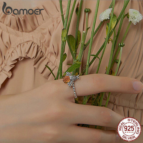 bamoer 925 Sterling Silver Elegant Honey Bee Rings Cute Animal Lucky Silver Ring Bumblebee Lovers Jewelry Gifts for Women