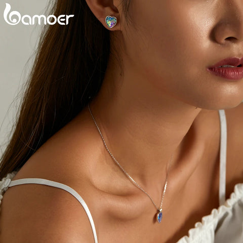 Bamoer Fish Scale Heart Necklace & Cat Ear Studs Authentic 925 Sterling Silver Heart Stud Earrings Female Gift Fine Jewelry Set