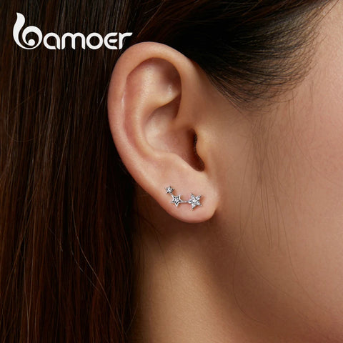 bamoer Rainbow Multiple Crystal Star Stud Earrings 925 Sterling Silver Earrings for Women Engagement Jewelry Five-pointed Star