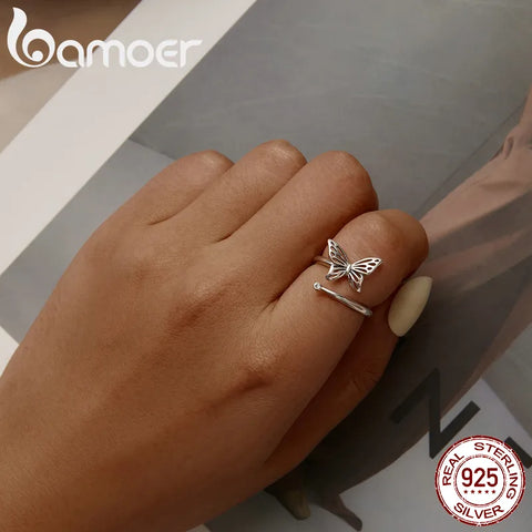 BAMOER Authentic 925 Sterling Silver Cute Butterfly Adjustable Finger Rings, 14K Gold Plated Adjustable Ring 2 Colors