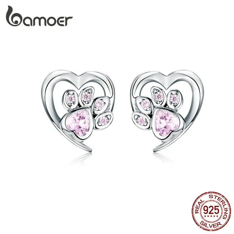 bamoer Blue Crystal Paw Stud Earrings for Girl Heart Shape CZ Footprint Ear Studs Jewelry Women Original Design Bijoux SCE654