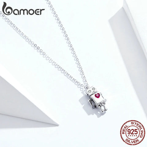 bamoer Valentine's Day Series 925 Sterling Silver Robot Lover Couple Pendant Necklace Corwn and Heart Jewelry 2020 New SCN387