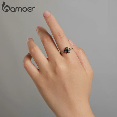 bamoer 925 Sterling Silver Lucky Eye Ring Blue Crystal Crown Ring Heart Spades Black Gem Ring for Women Wedding Jewelry Anillo