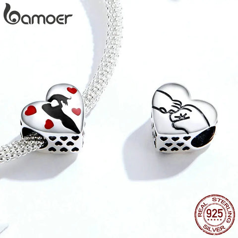 bamoer 925 Sterling Silver Heart Shape Charm for Original Snake 3mm Bracelet Black Enamel and Heart Metal Beads SCC1508
