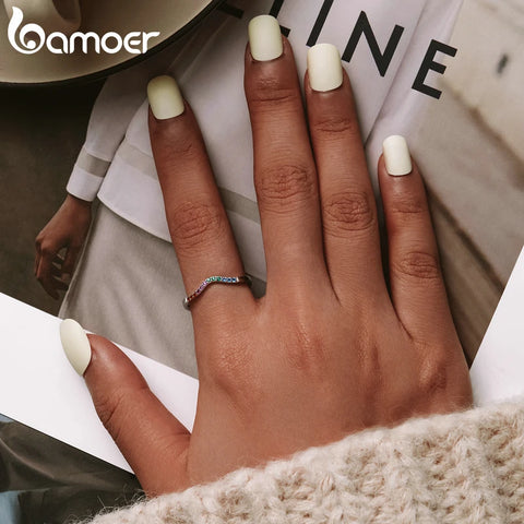 BAMOER 925 Sterling Silver Rainbow CZ Simple Fashion Finger Ring Stackable Band Rings For Women Classic Jewelry