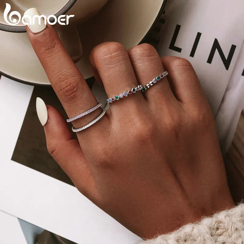 BAMOER 925 Sterling Silver Rainbow CZ Simple Fashion Finger Ring Stackable Band Rings For Women Classic Jewelry
