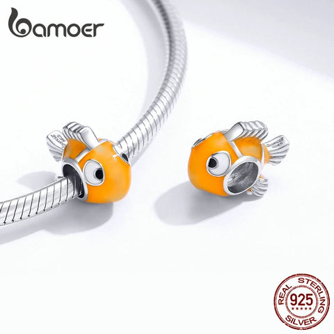 bamoer Genuine 925 Sterling Silver Yellow Enamel Clownfish Metal Charm for Original Silver Bracelet Bangle DIY Jewelry BSC206
