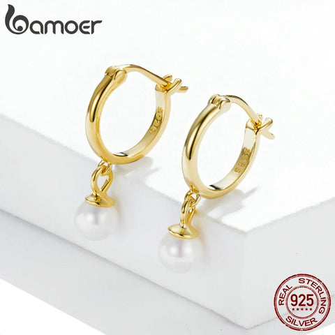 bamoer Gold Hoop Earrings 925 Sterling Silver Star Zircon Ear Buckles Cross Drop Earrings Shell Pearl Earrings for Women Gift