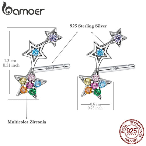 bamoer Rainbow Multiple Crystal Star Stud Earrings 925 Sterling Silver Earrings for Women Engagement Jewelry Five-pointed Star