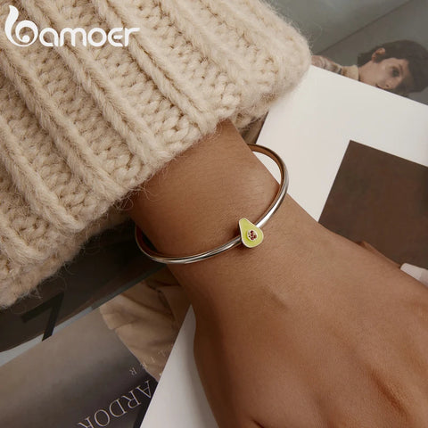 bamoer 925 Sterling Silver Jewelry Green Enamel Avocado Fruit Charm for Original Silver Bracelet 3mm Women Jewelry Making BSC129