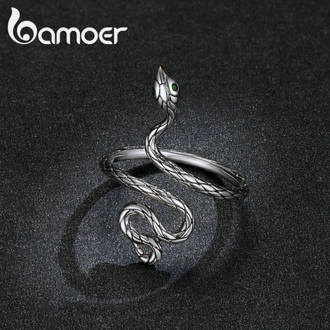 Bamoer 925 Sterling Silver New Retro Dark Punk Snake Open Ring Curved Snake Adjustable Ring Jewelry Gift Bijoux BSR199