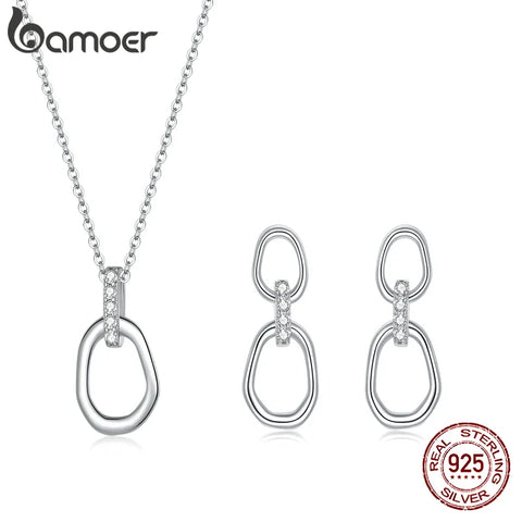 bamoer Geometric Necklace Earring Buckles 925 Sterling Silver Double Button Simple CZ Jewelry  for Women Fine Jewelry SCE1016