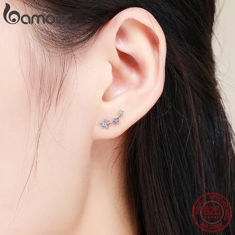 BAMOER Authentic 925 Sterling Silver CZ Exquisite Stackable Star Earrings for Women Jewelry Valentine's Day Gift SCE175