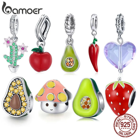 bamoer 925 Sterling Silver Jewelry Green Enamel Avocado Fruit Charm for Original Silver Bracelet 3mm Women Jewelry Making BSC129