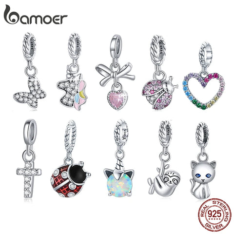 bamoer 925 Sterling Silver Small Pendant Love Bow Pink Heart Sunflower Cross Little Daisy Charm fit Brooch Bracelet DIY BSX004