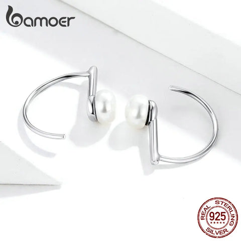 BAMOER Silver 925 Jewelry Earrings Circle Geometric Stud Earrings for Women Shell Pearl Earings Female Korea Jewelry SCE604