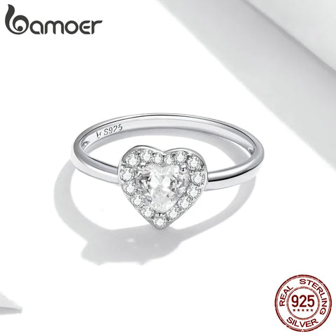 bamoer 925 Sterling Silver Bright Love Ring Dazzling Shiny Heart Shape Crystal Finger Ring Wedding Engagement Jewelry