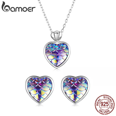 Bamoer Fish Scale Heart Necklace & Cat Ear Studs Authentic 925 Sterling Silver Heart Stud Earrings Female Gift Fine Jewelry Set