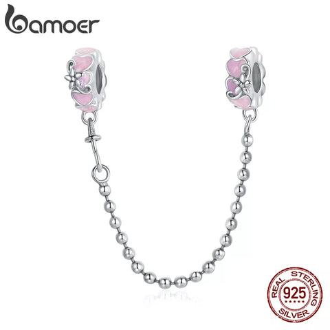 bamoer 100% 925 Sterling Silver Enamel Purple Glass Safety Chain Charm for Original Women Bracelet with Silicone Stopper SCC1799