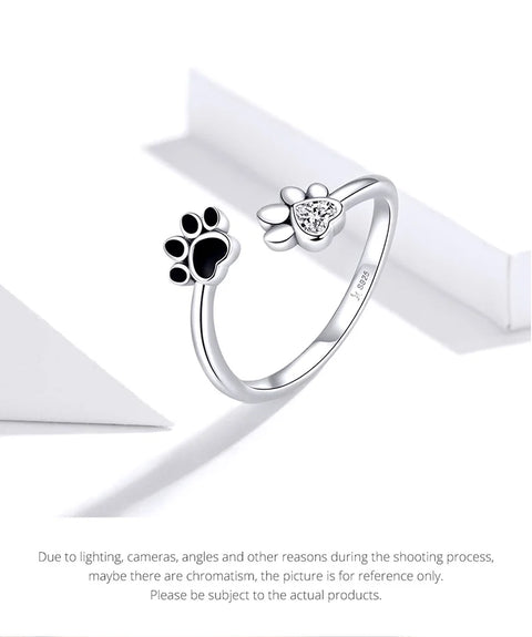 Bamoer 925 Sterling Silver Black Dog Paw Open Ring Zircon Cute Footprint Adjustable Finger Ring for Women Fine Jewelry SCR605