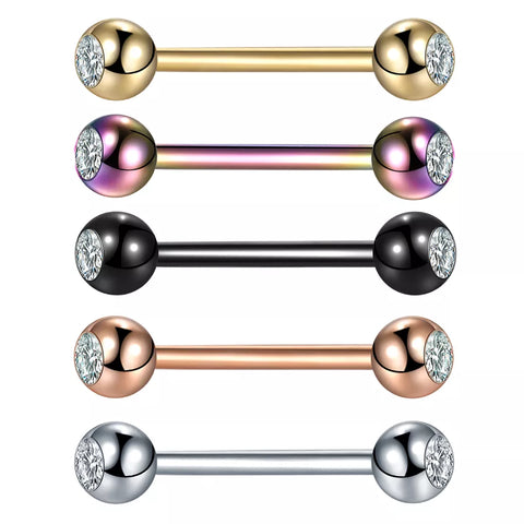 1Pc Stainless Steel Straight Barbell Tongue Rings Crystal Ear Studs Externally Threaded Tongue Studs Body Piercing Jewelry