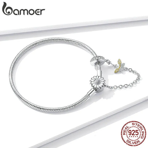 bamoer Authentic 925 Sterling Silver 3mm Snake Charm Bracelet with Sunflower Safety Chain DIY Bracelets Accessories BSB041