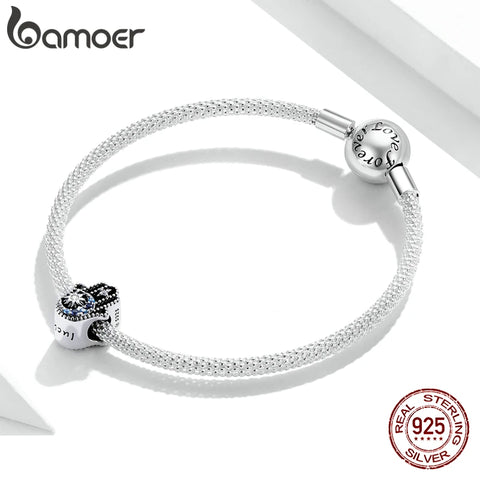 bamoer 100% 925 Sterling Silver Genuine Lucky Hand Blue CZ Star Moon Charm for Original Bracelet Bangle Women DIY Jewelry BSC440