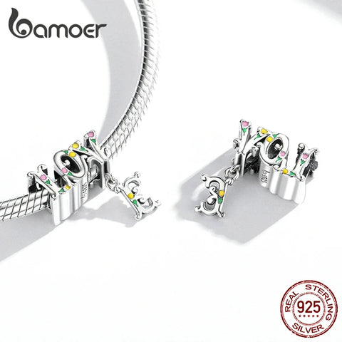bamoer 925 Sterling Silver Three-dimensional Letters LOVE Charm Flower Snowflake Love Family for Bracelet Women DIY Fine Jewelry